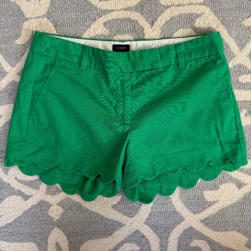 J Crew Green Linen Scalloped Shorts
